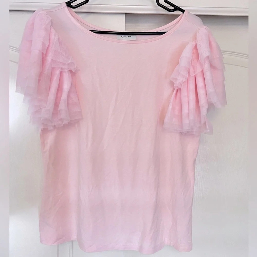 Baby Pink Tulle-Sleeve Crewneck T-Shirt - Picture 3 of 5
